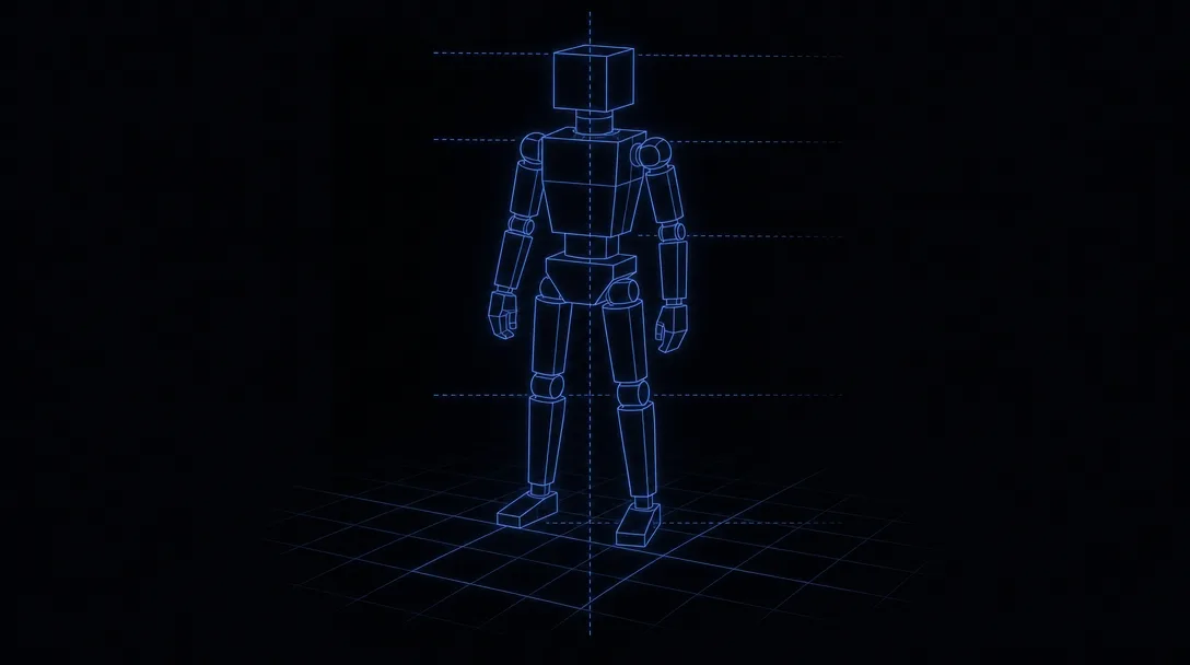 Blockout massing study — blue lineart figure with proportion guides