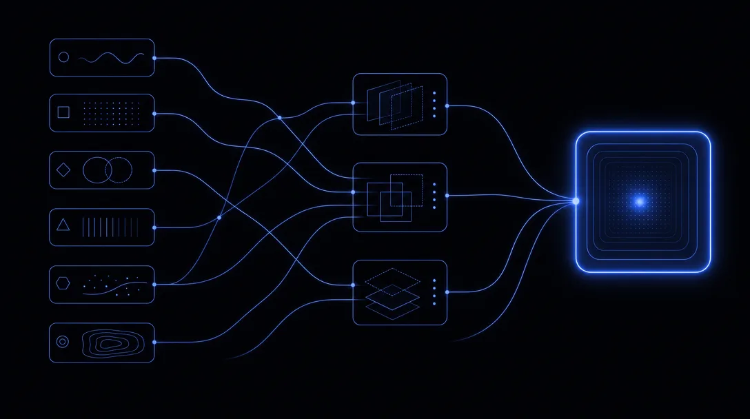 Compositing node graph — passes merging into a glowing final frame
