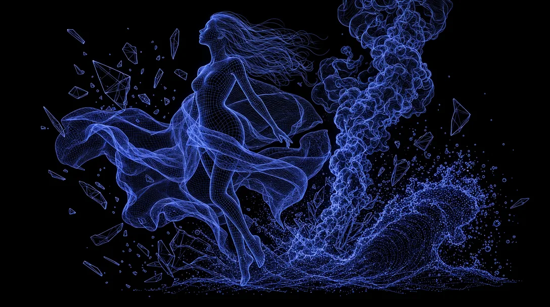 FX simulation — vellum cloth sheets, pyro column, fluid wave with particles and destruction shards around a blue wireframe figure