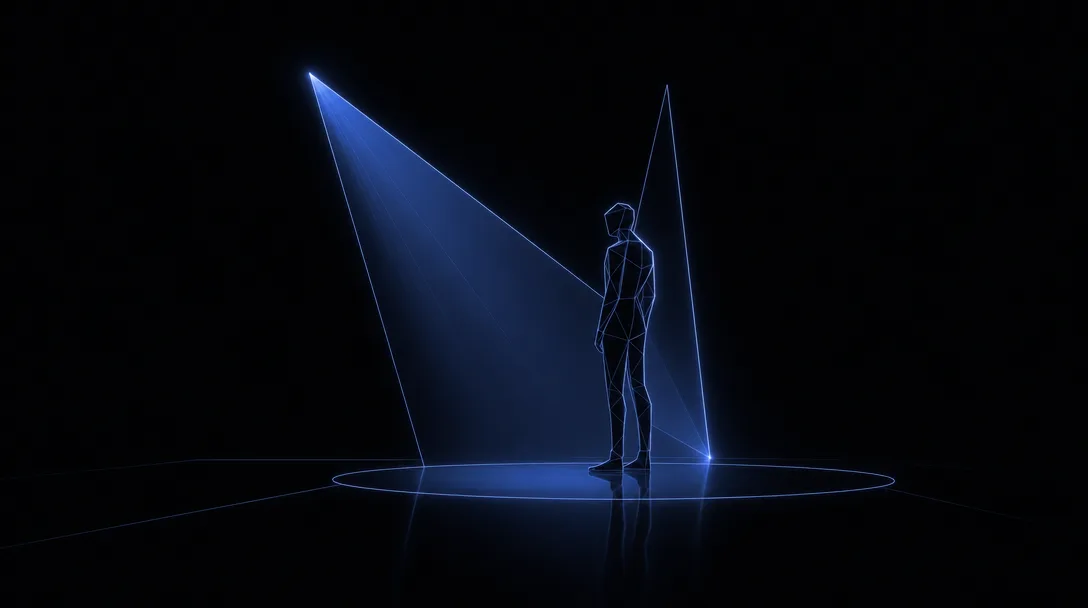 Lighting — key and rim beams on a faceted figure over a reflective floor disc