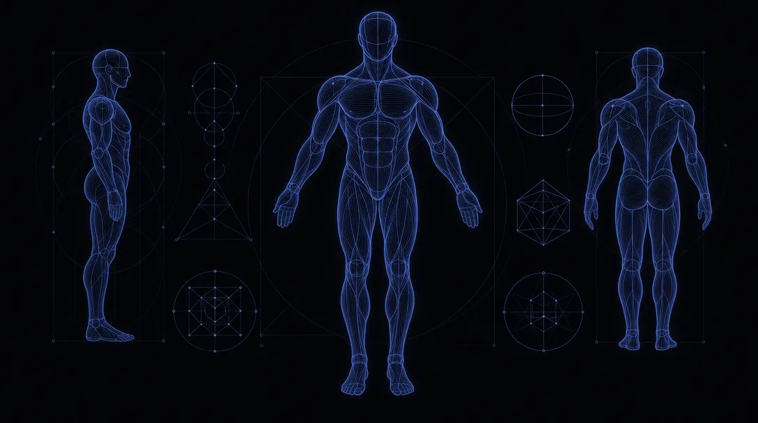 Anatomy sculpt — blue wireframe figure, front and side, with proportion construction