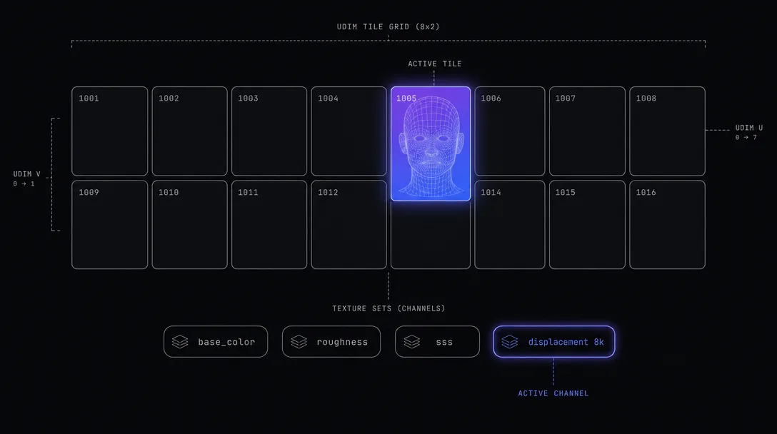 UDIM texture grid with the active tile glowing blue-violet around a wireframe head